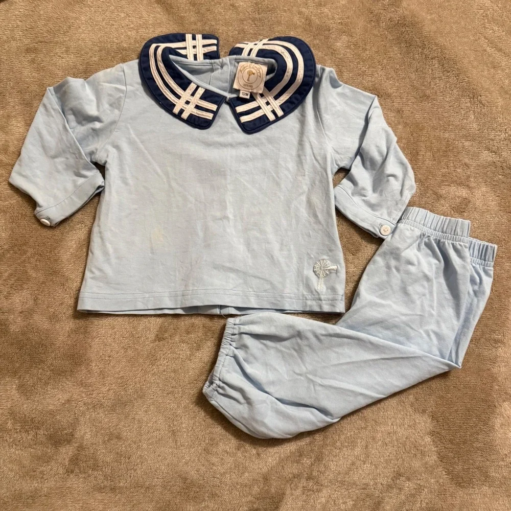 Anna O Lane Co Light Blue Sailor Collar 2pc Pant Set Windmill Embroidery 12M